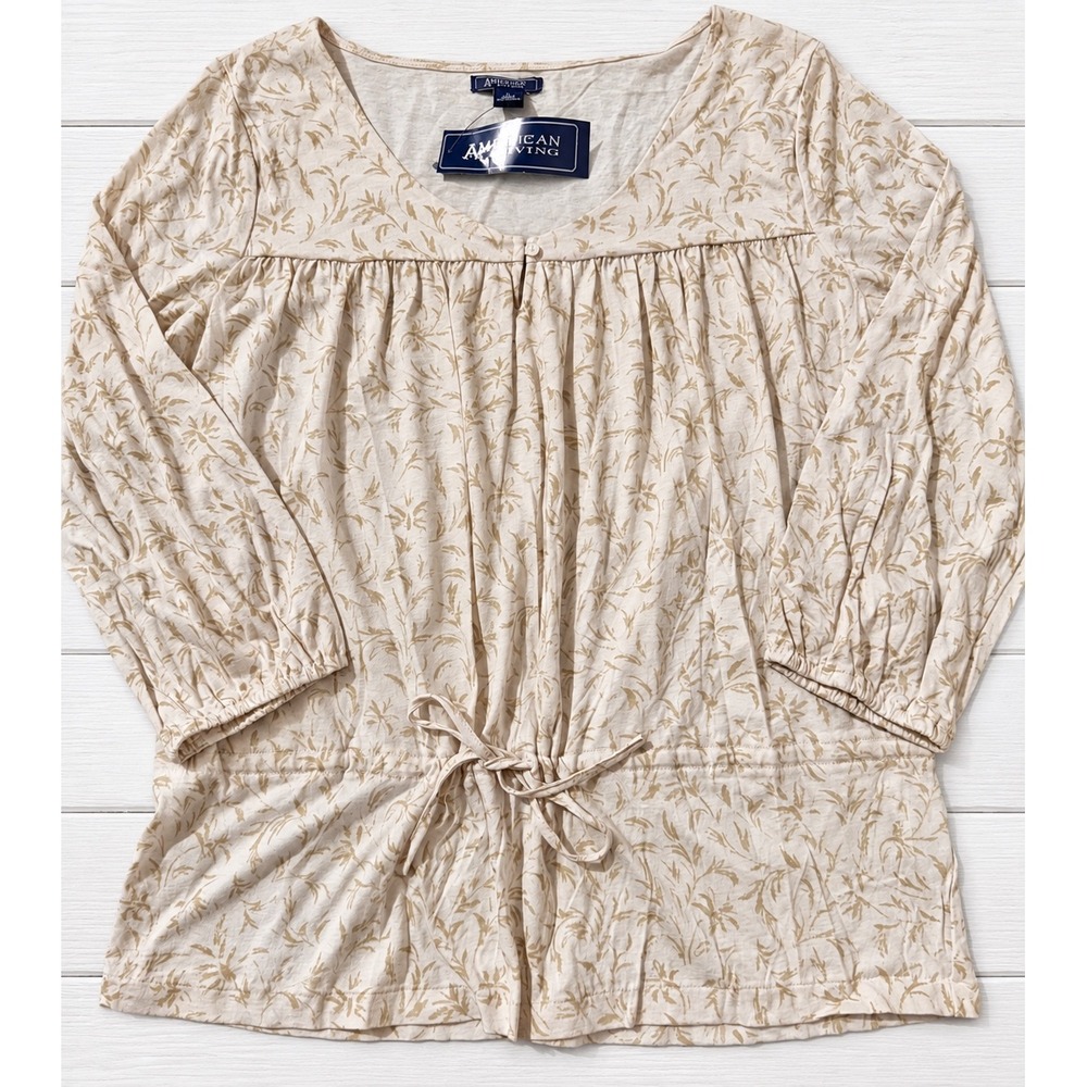 American Living Blouse Floral Cotton Peasant Boho Cream Khaki Large NWT 4388